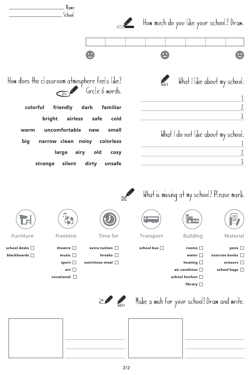 The questionnaire was filled out by 4th, 6th and 7th grader from the morning and afternoon shift – in total 88 Jordanian and Syrian students. Watch some examples.