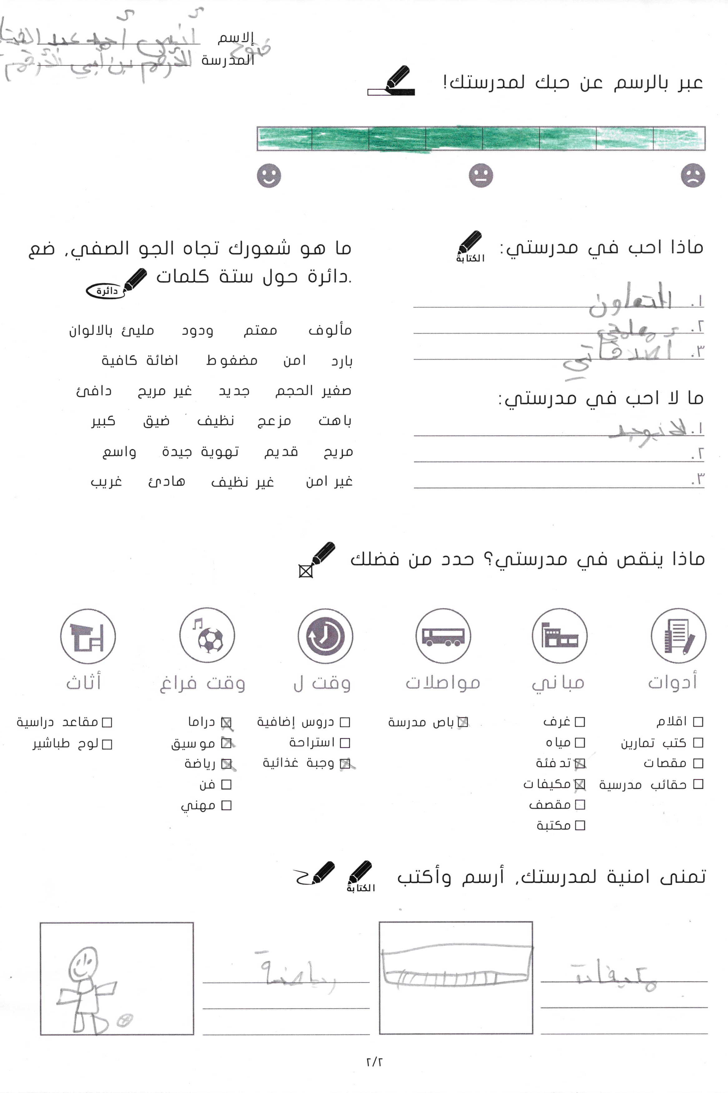 9-year-old student Anas likes his school very much. Although he is Jordanian, he goes to school in the afternoons. What he likes most is cooperation and his teachers and classmates. His wishes include air conditioning and a physical education class.