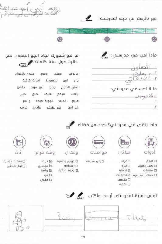 9-year-old student Anas likes his school very much. Although he is Jordanian, he goes to school in the afternoons. What he likes most is cooperation and his teachers and classmates. His wishes include air conditioning and a physical education class.